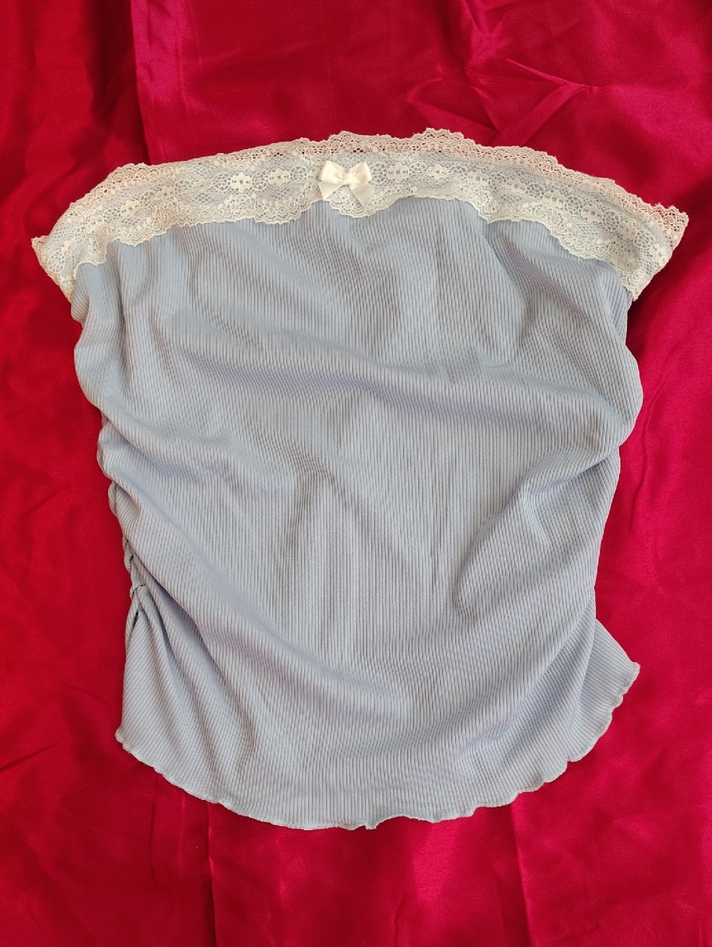 Light Blue Ribbed Tube Top with White Lace Trim